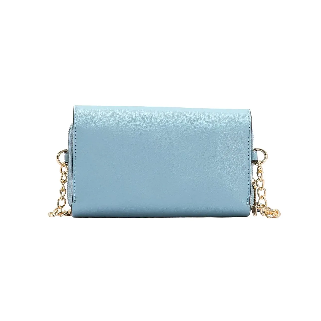 Vista traseira da bolsa feminina Chenson azul com alça de corrente dourada